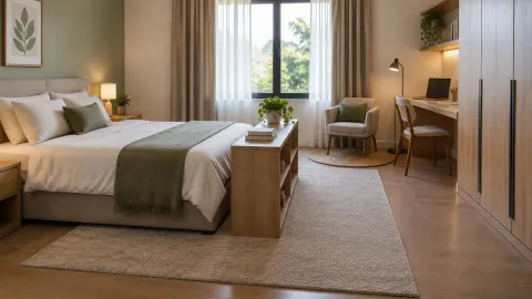 Kamar tidur dengan area duduk di tepi jendela
