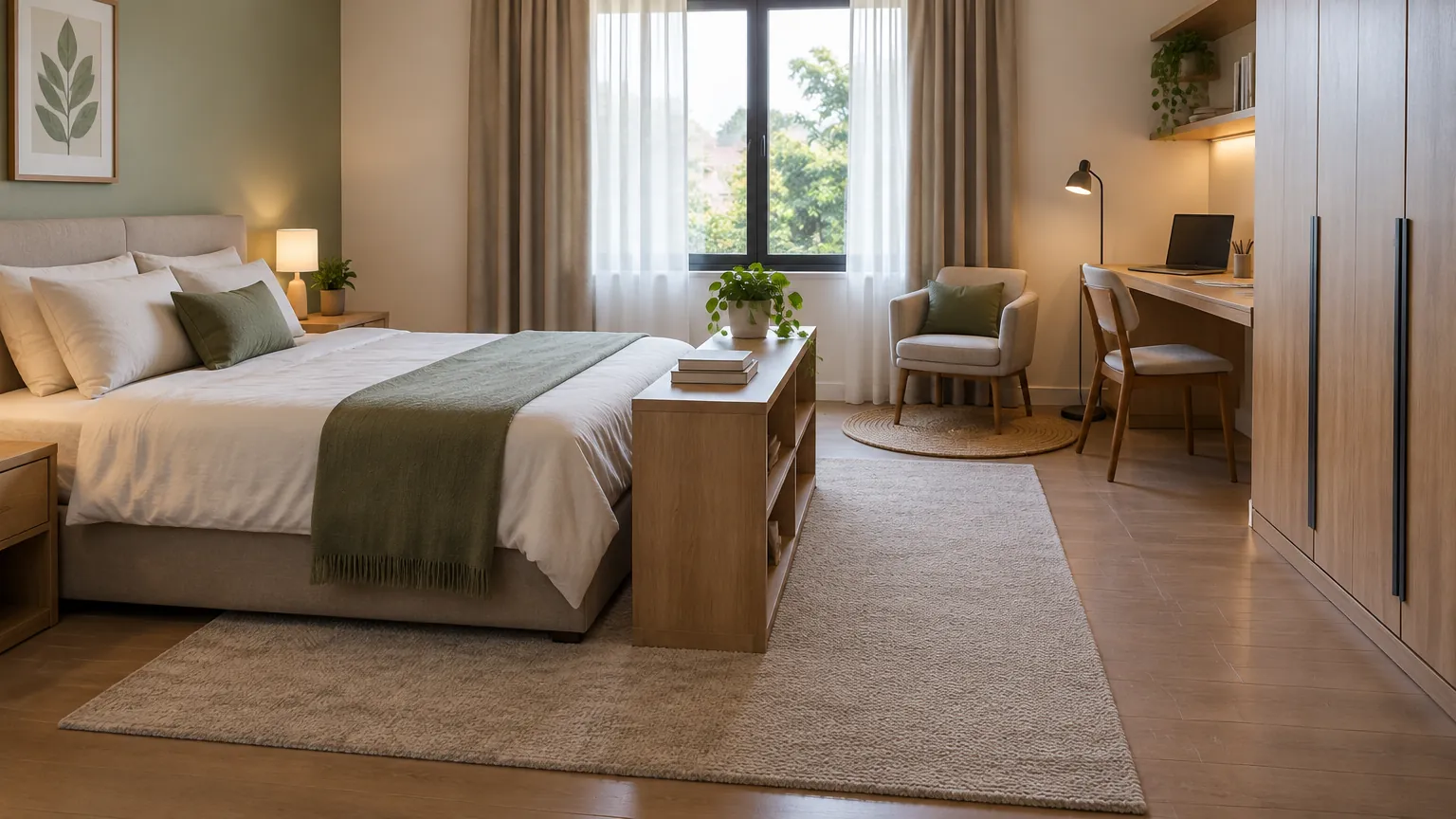 Kamar tidur dengan area duduk di tepi jendela