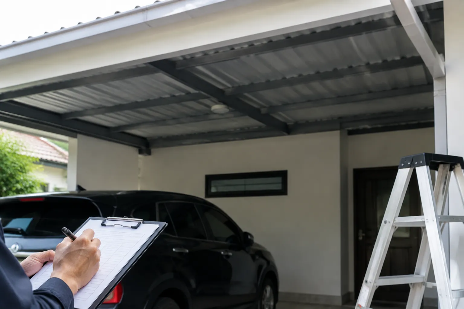 Seseorang membuat catatan di dekat atap dan area parkir garasi