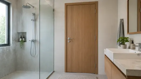 Pintu kayu kamar mandi di samping ruang pancuran berkaca