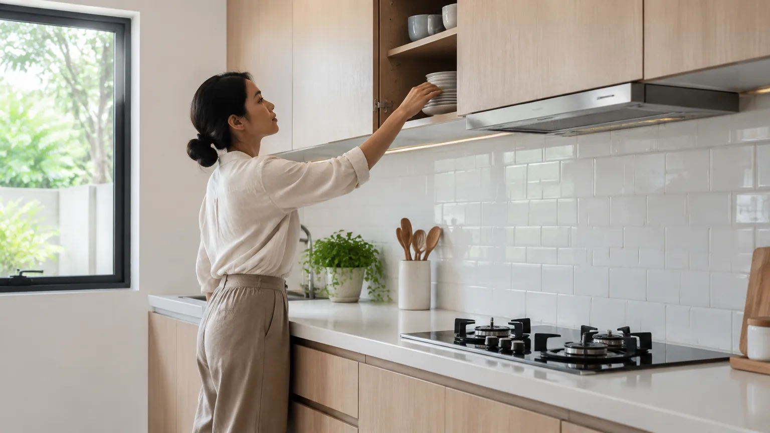 Seseorang menjangkau kabinet atas dapur dekat kompor