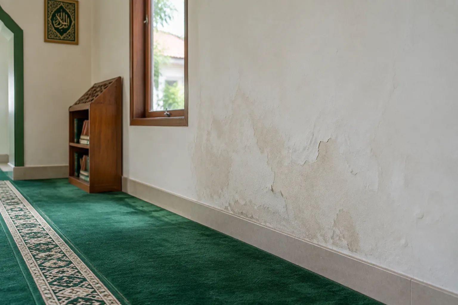 Dinding musala dengan cat terkelupas di dekat karpet salat