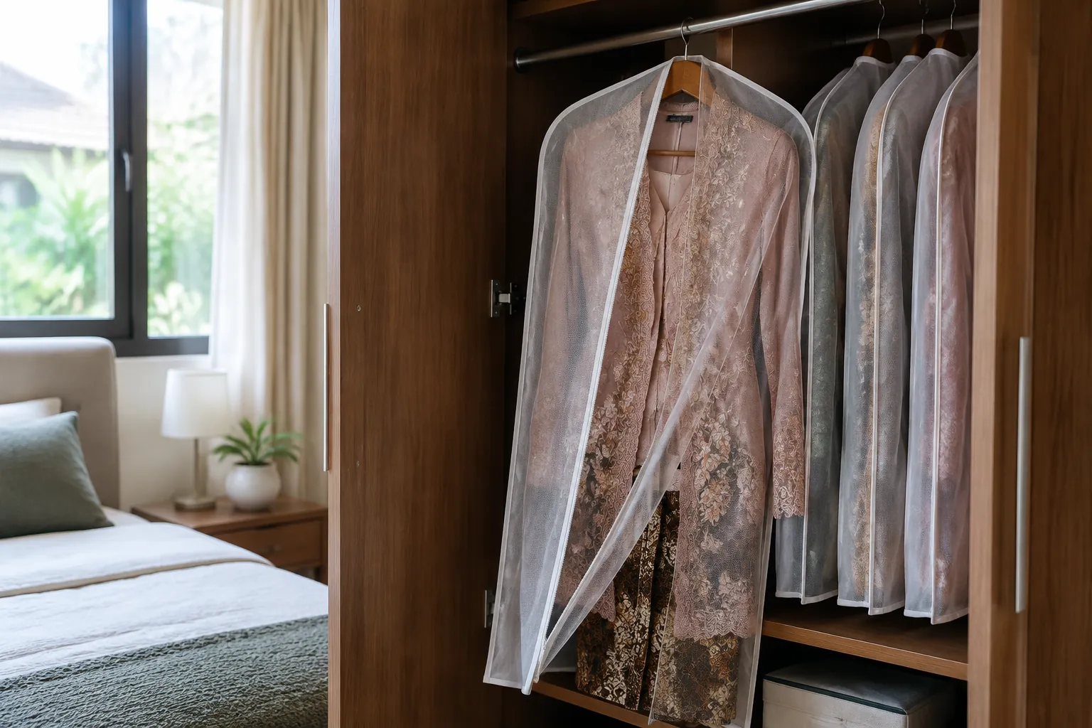 Kebaya dalam pelindung bening tergantung di lemari
