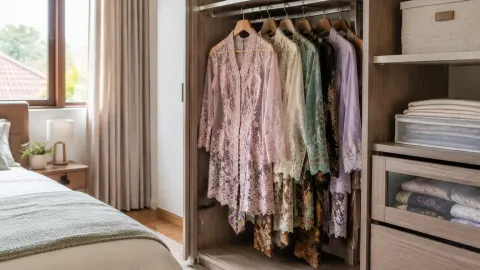 Pakaian kebaya tergantung pada lemari kamar tidur
