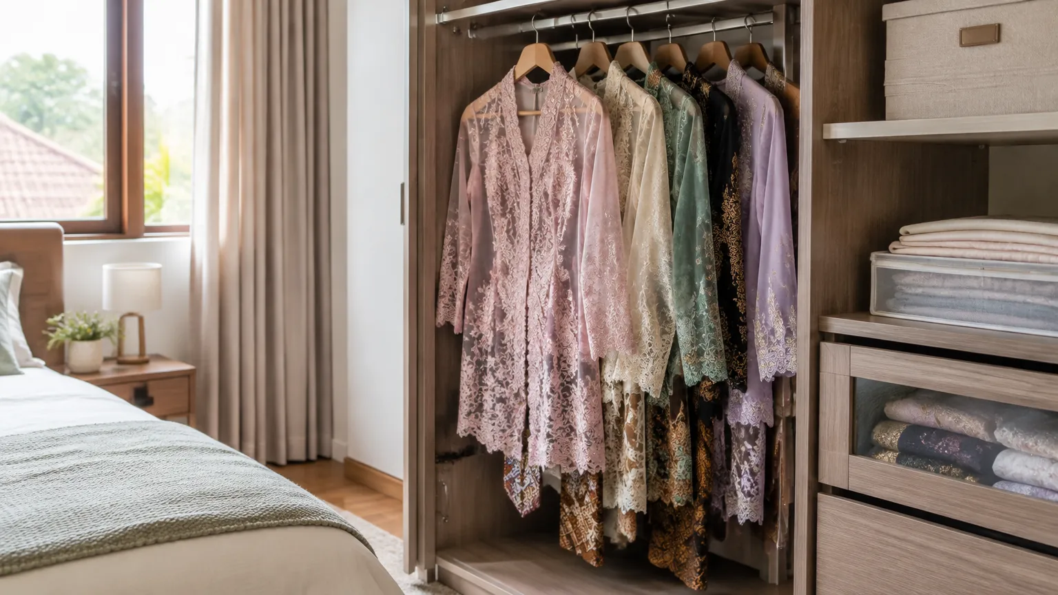 Pakaian kebaya tergantung pada lemari kamar tidur