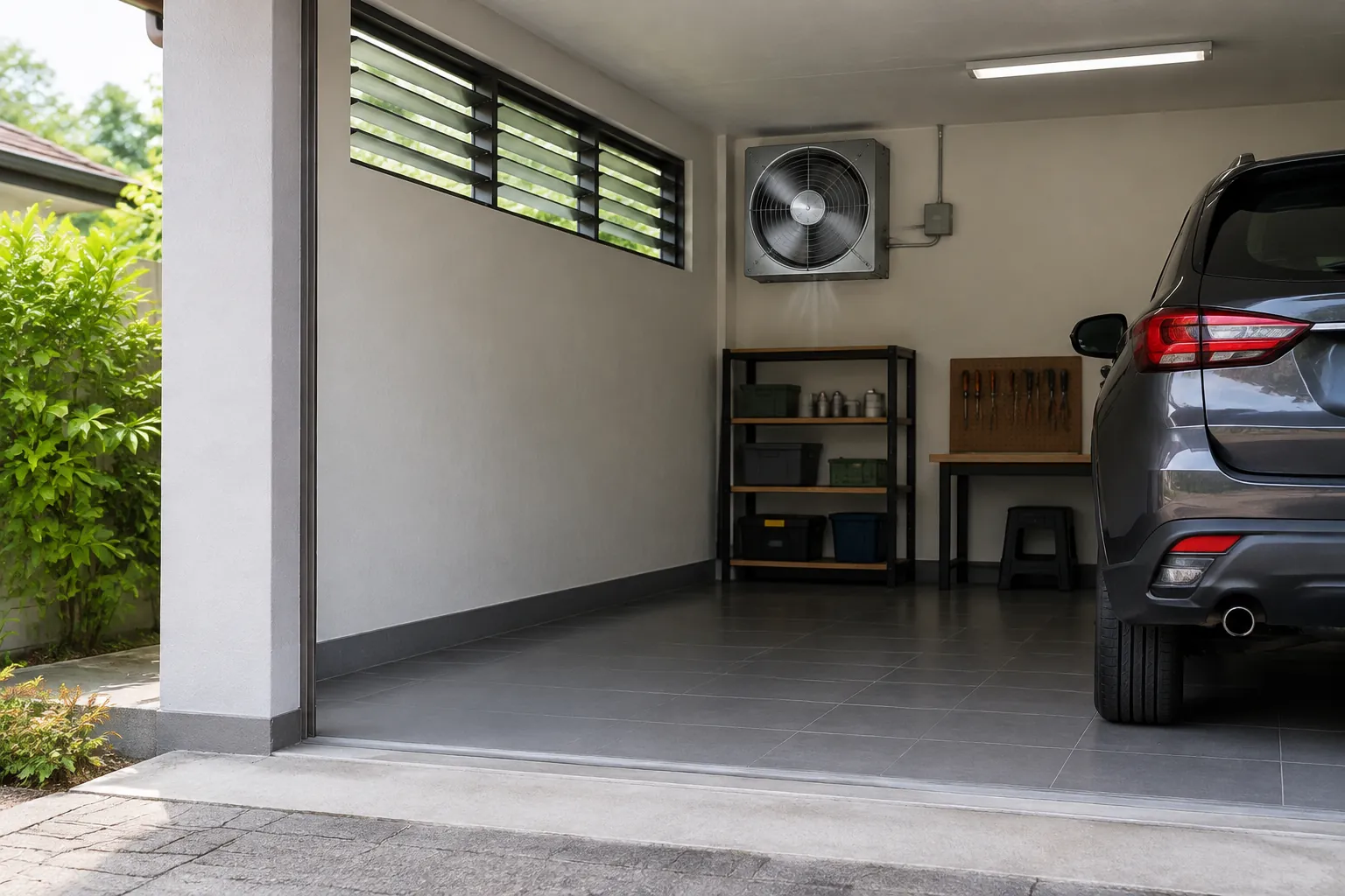 Kipas dinding dan kisi ventilasi dalam garasi