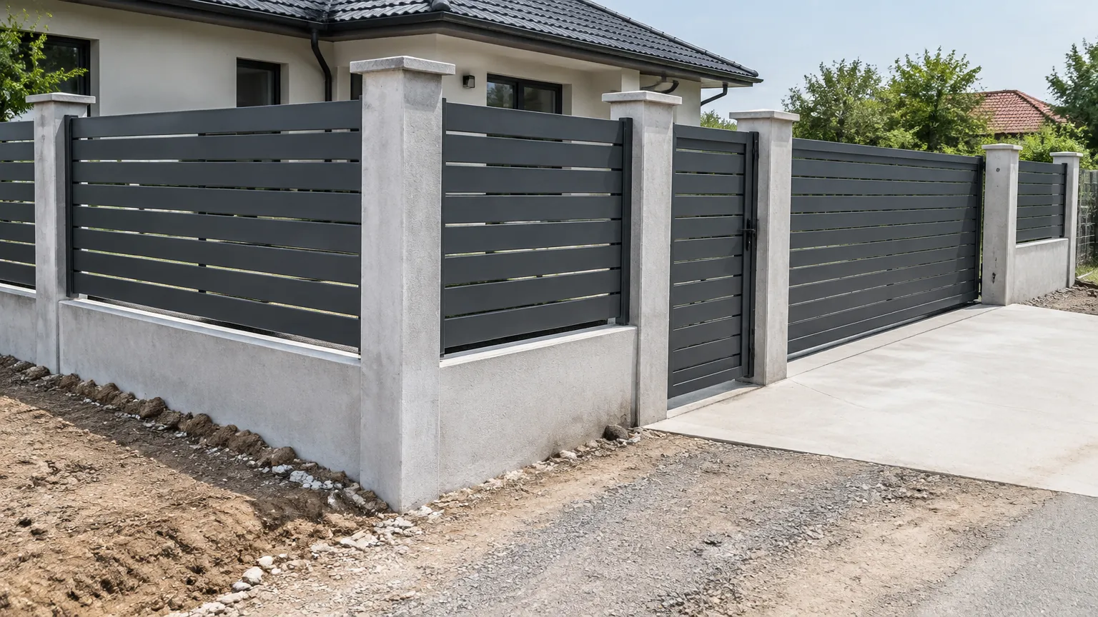 Pagar panel logam terpasang pada batas rumah