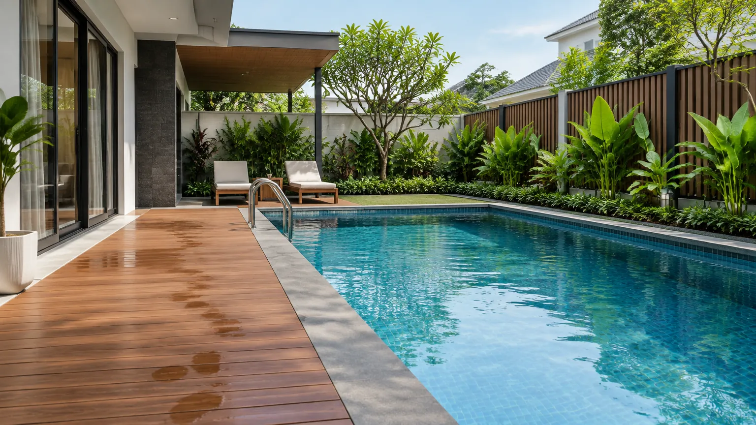 Kolam renang rumah dengan dek kayu dan tanaman tepi