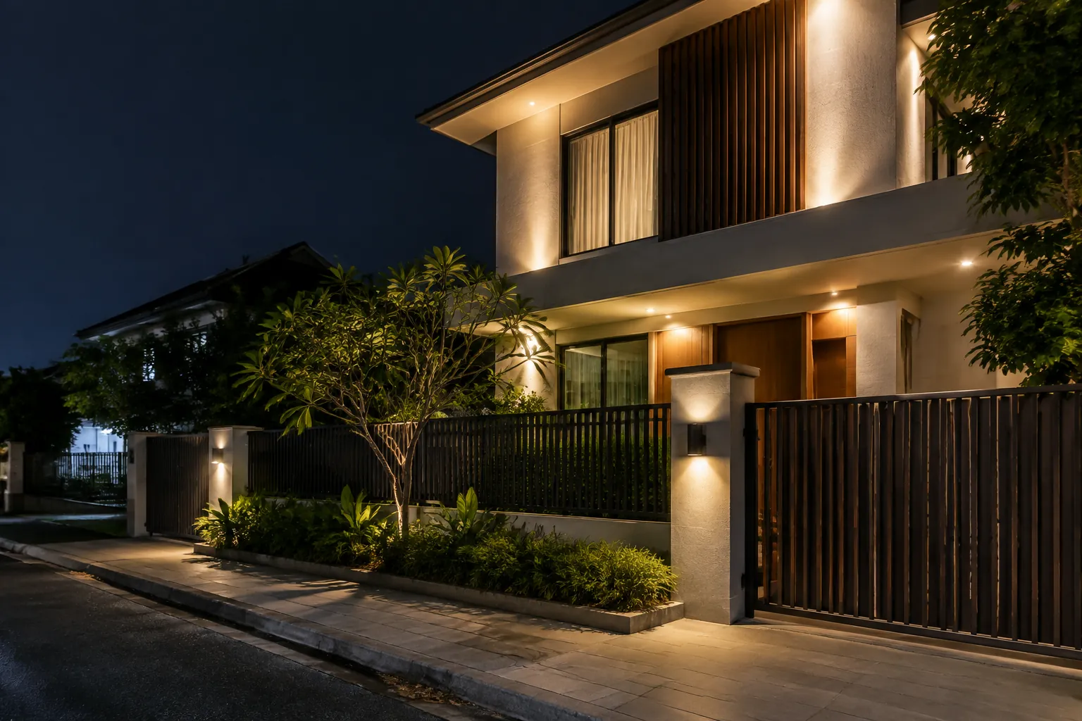 Tampilan rumah pada malam hari dengan lampu fasad dan gerbang