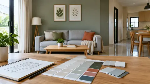 Sampel warna pada meja ruang keluarga dengan sofa di belakang
