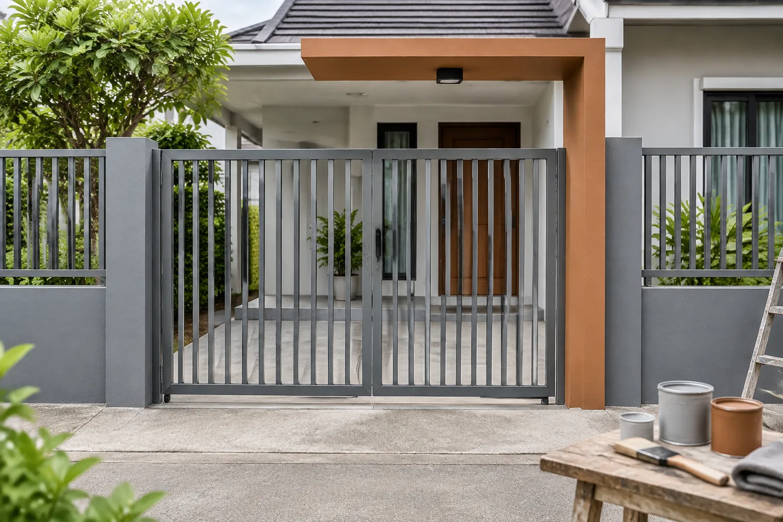 Pagar rumah berwarna abu-abu dengan aksen kayu terbatas