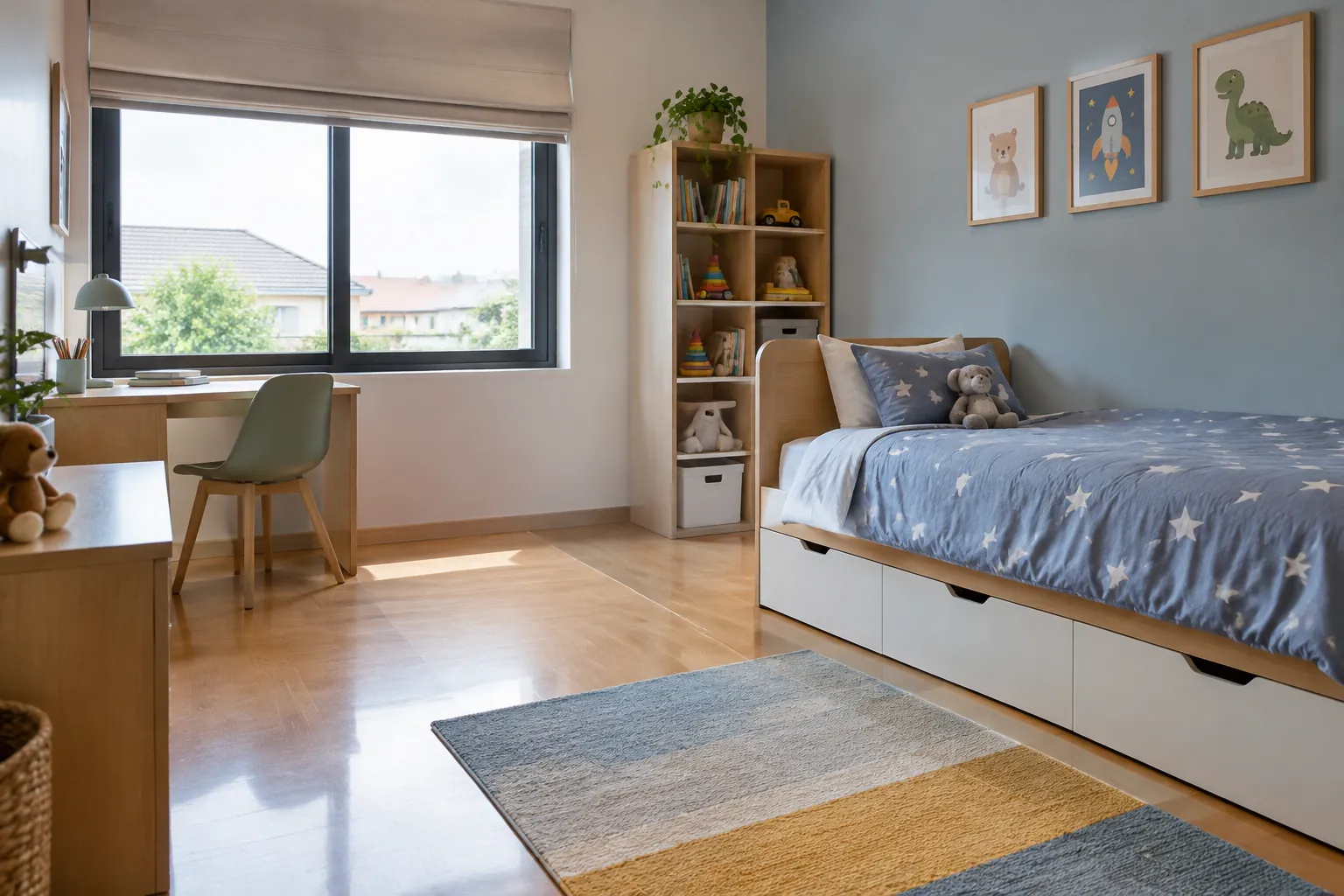 Kamar anak dengan lantai keras, karpet, tirai, dan furnitur terbuka