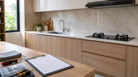 Dapur dengan kabinet kayu, wastafel, dan kompor