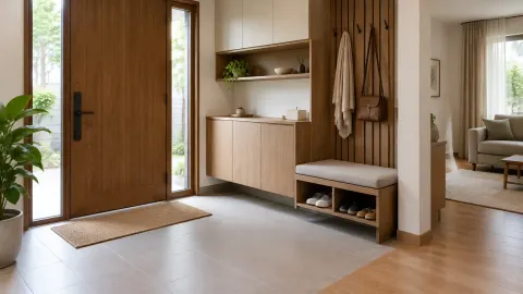 Foyer dengan bangku dan kabinet dekat pintu