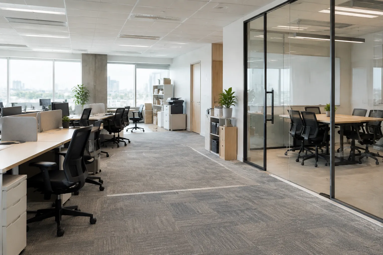 Interior kantor bersama dengan meja kerja.