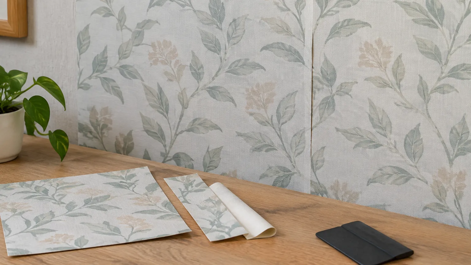Wallpaper bermotif daun dengan sampel di atas meja