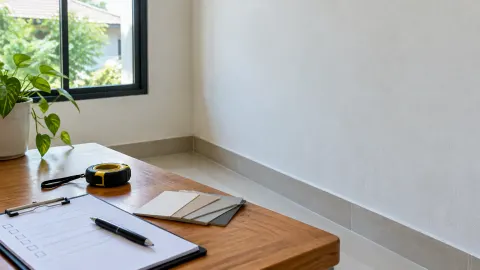 Bidang dinding kosong dengan contoh warna dan catatan di meja