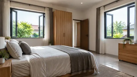 Kamar tidur dengan jendela pada dua sisi ruang
