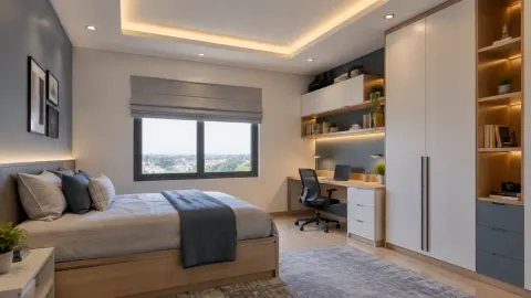 Kamar remaja dengan plafon bertingkat, lampu, ranjang, dan meja belajar