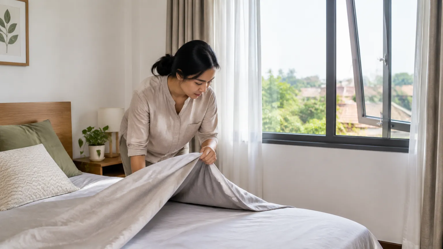 Seseorang merapikan seprai di kamar tidur dekat jendela
