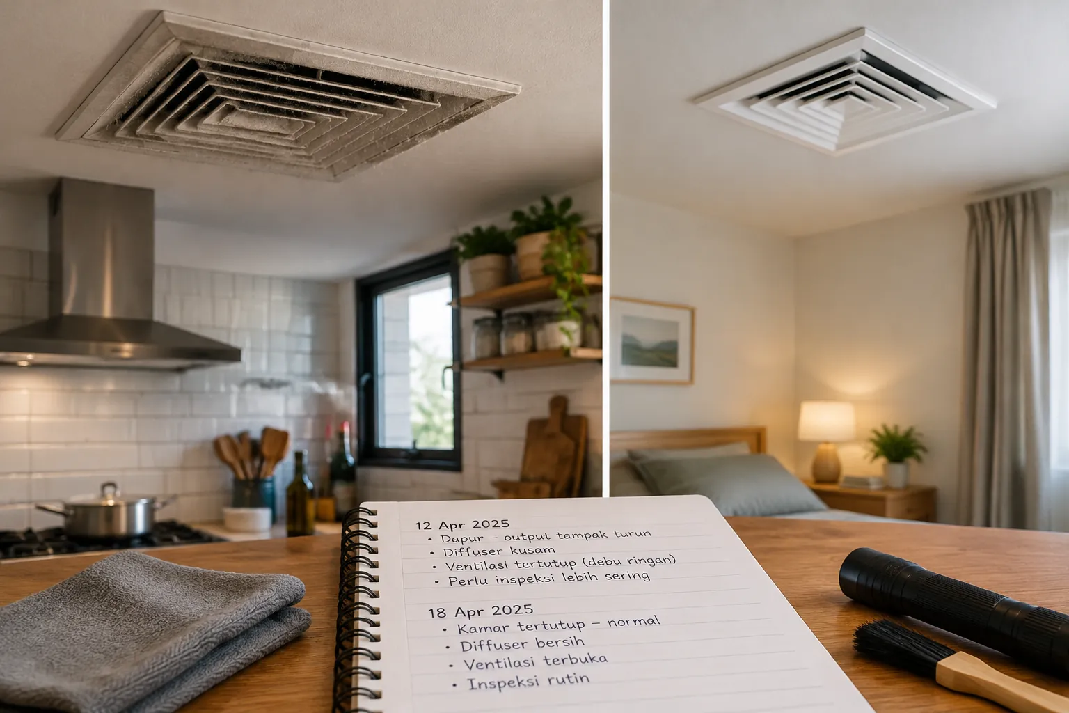 Dua ruang dengan lampu dan ventilasi plafon