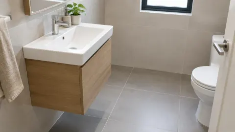 Wastafel kecil dan toilet dalam kamar mandi