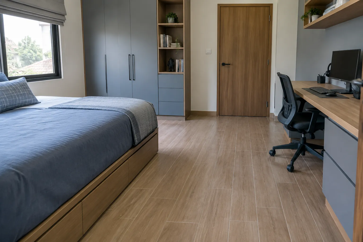 Kamar remaja dengan furnitur dan lantai kayu