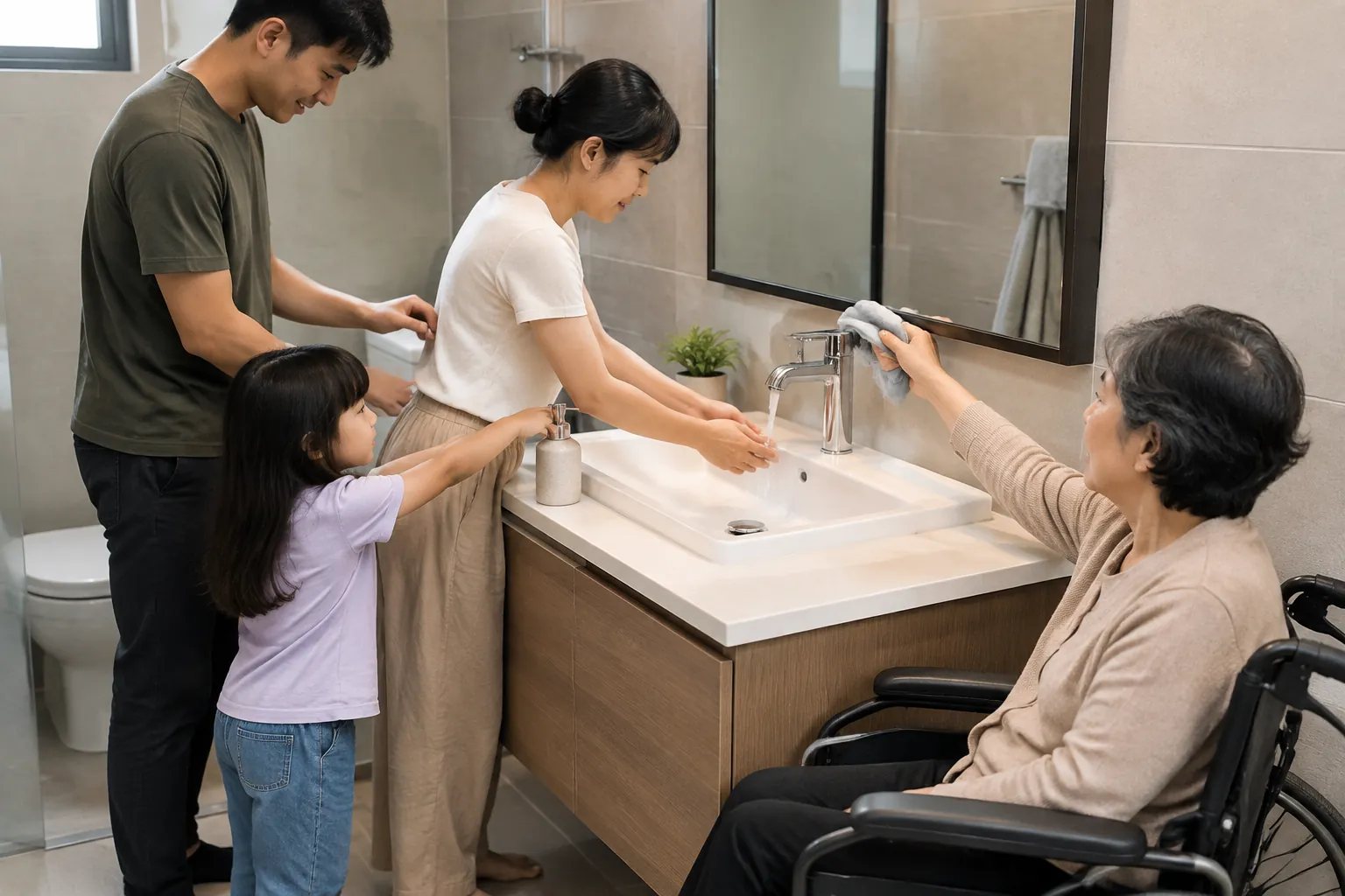 Anggota keluarga mencoba memakai wastafel kamar mandi