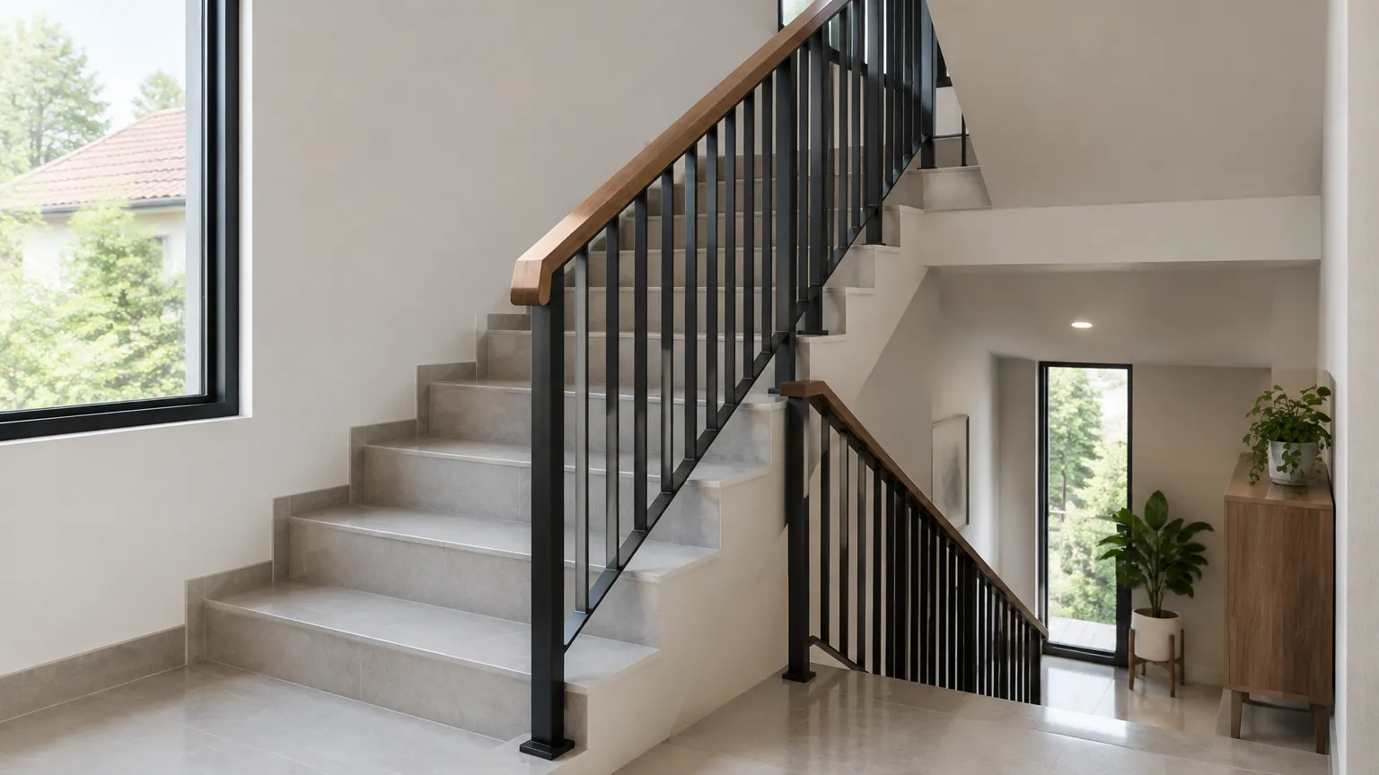 Railing logam pada tangga dan lantai atas rumah
