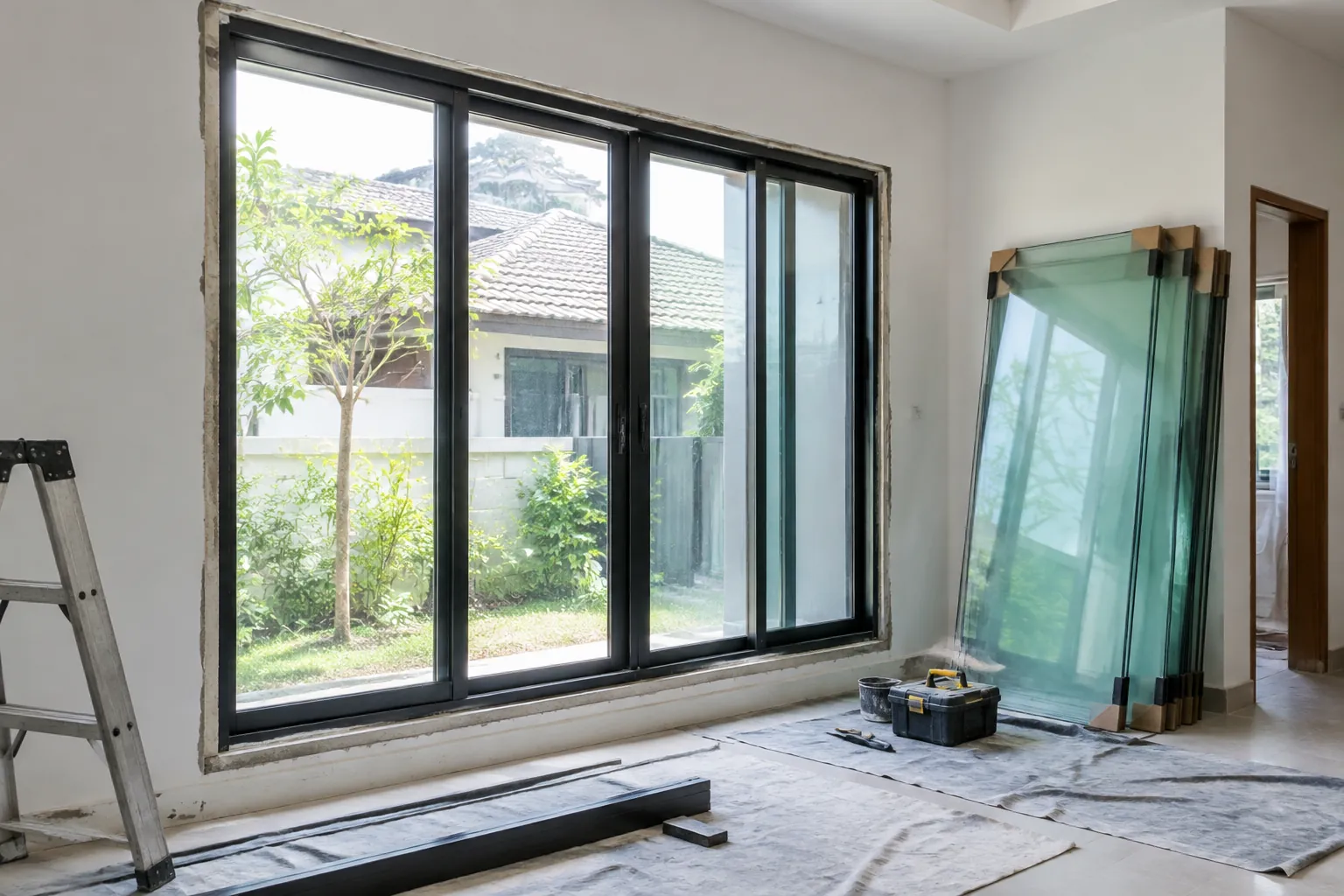 Jendela dan panel lepas di lokasi kerja.
