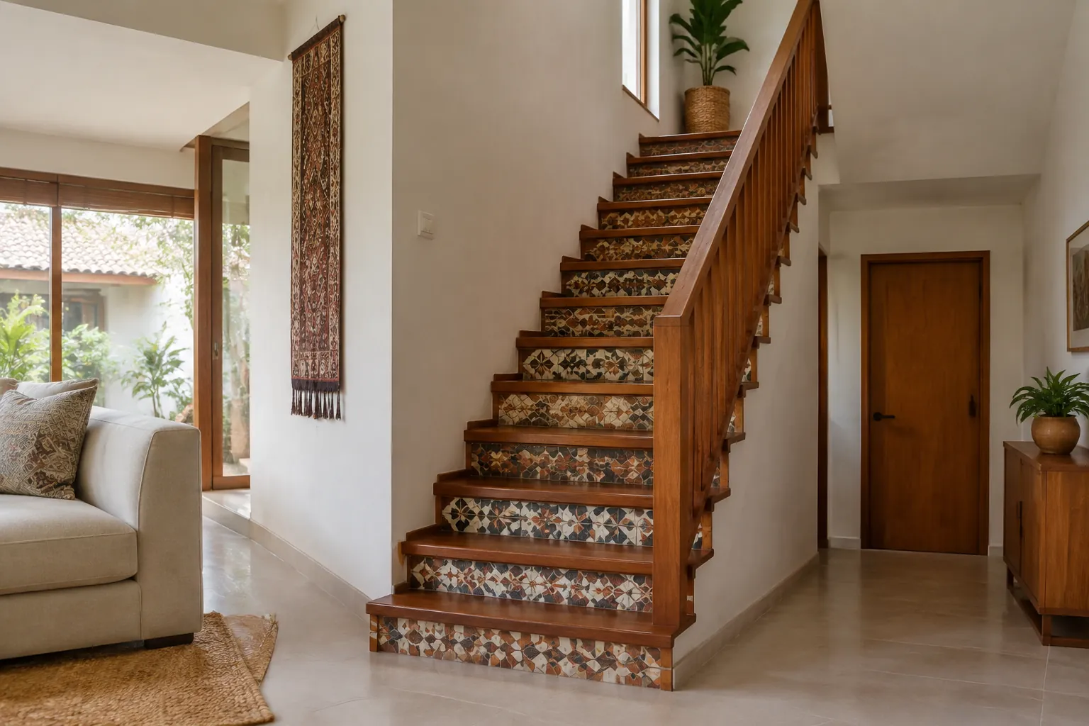 Motif tradisional dipasang pada riser tangga kayu