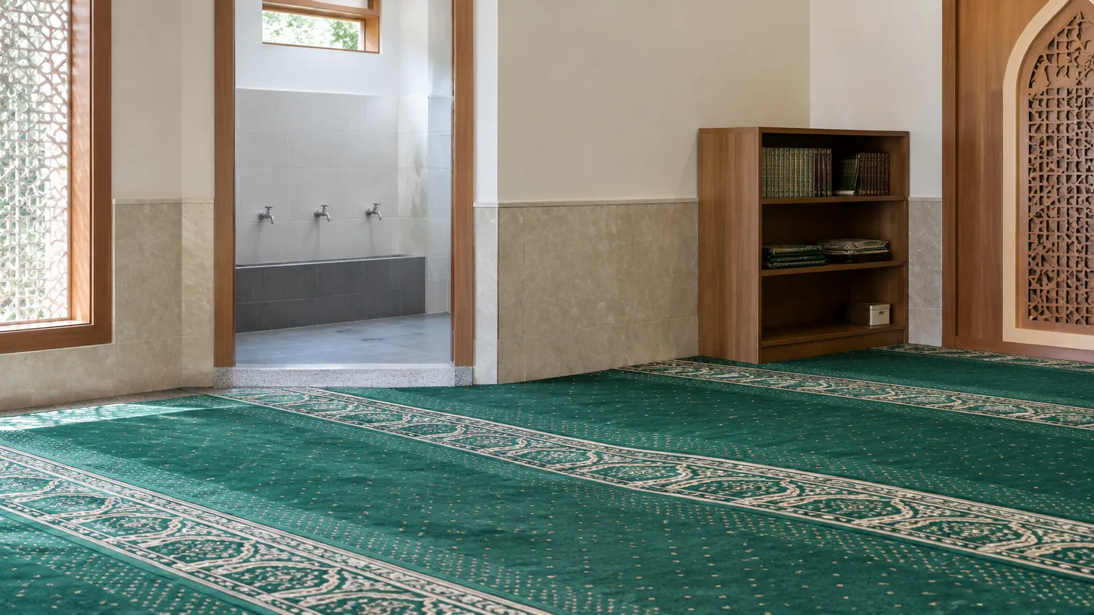 Musala dengan area wudu di samping lantai berkarpet