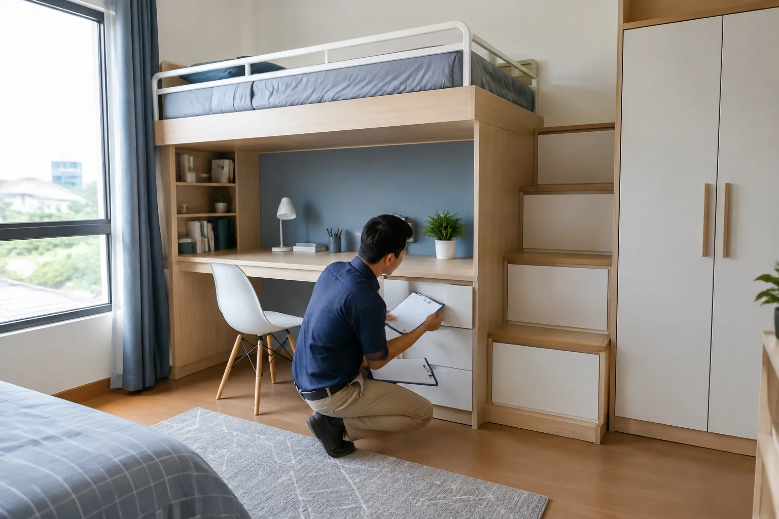 Pekerja memasang modul penyimpanan pada kamar remaja