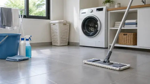 Lantai keramik laundry dengan alat pel dan ember