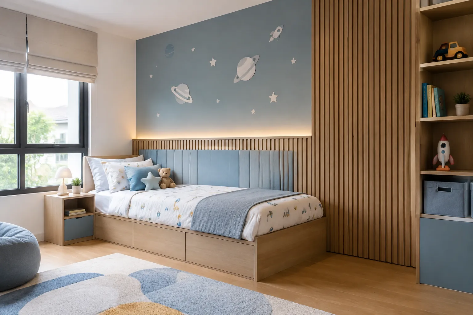 Panel dinding beralur menjadi aksen di belakang tempat tidur anak
