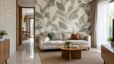 Dinding ruang tamu bermotif daun di belakang sofa