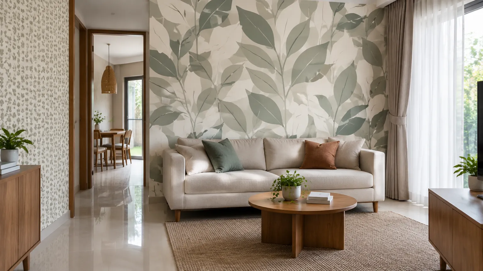 Dinding ruang tamu bermotif daun di belakang sofa