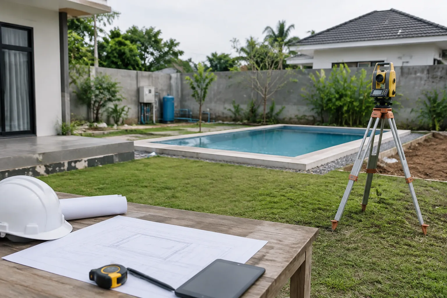 Peralatan survei berada di halaman dekat lokasi rencana kolam