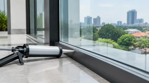 Alat aplikasi sealant di dekat jendela kaca