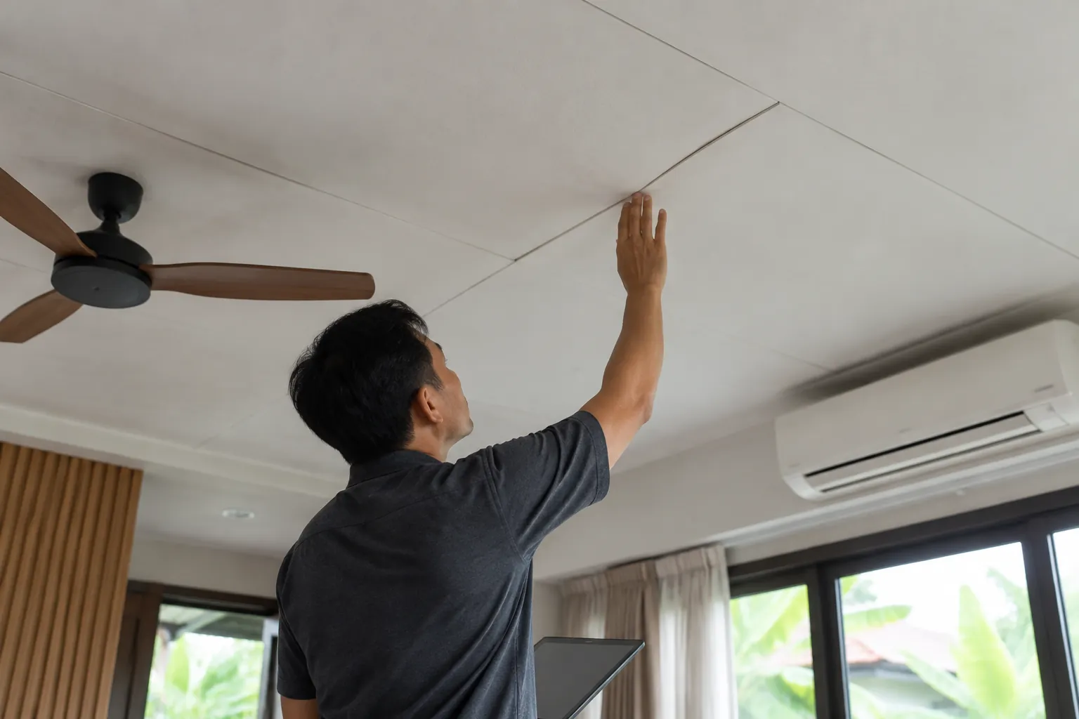 Seseorang memeriksa permukaan plafon dekat kipas