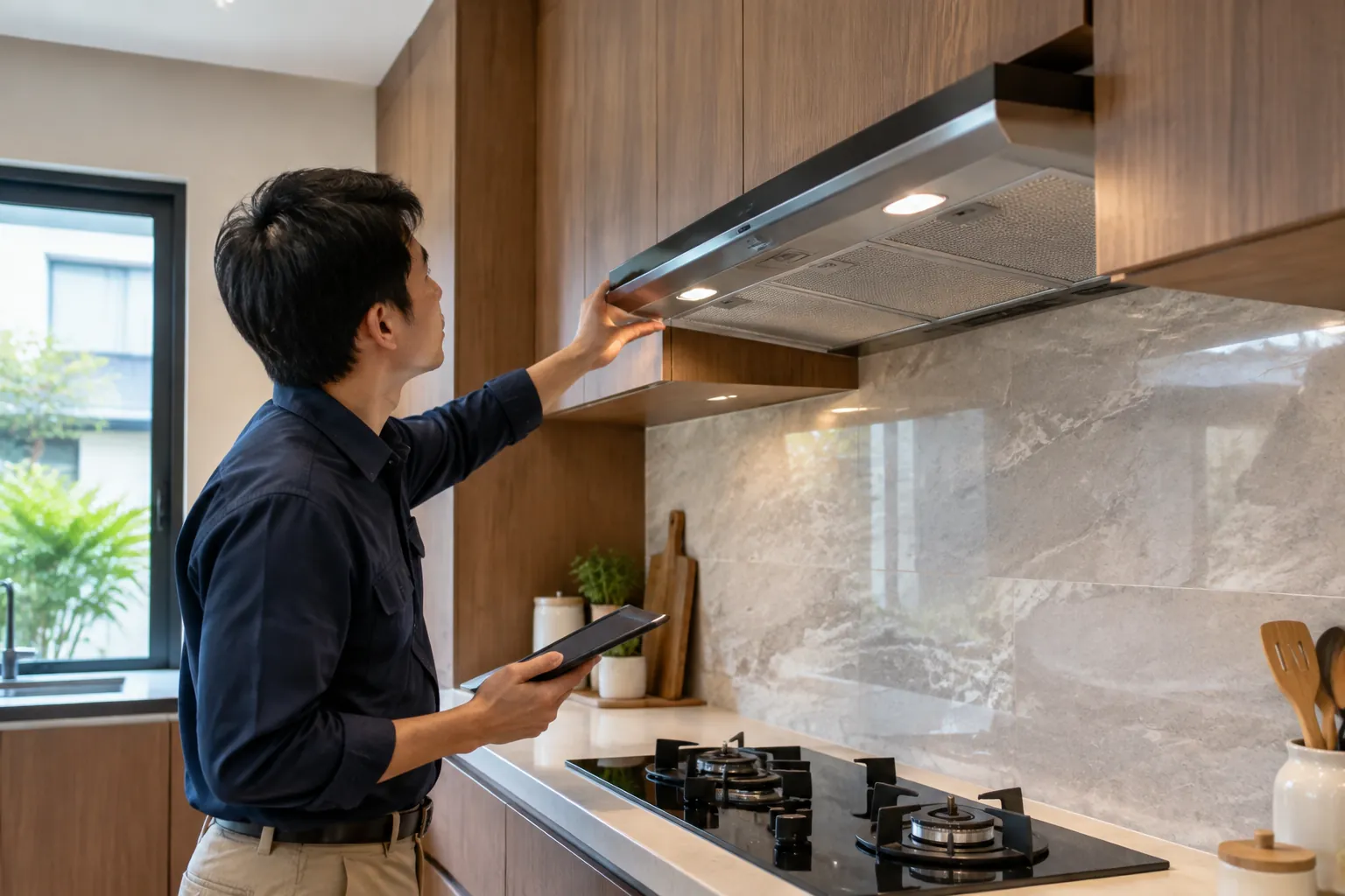 Orang memeriksa kap dapur.
