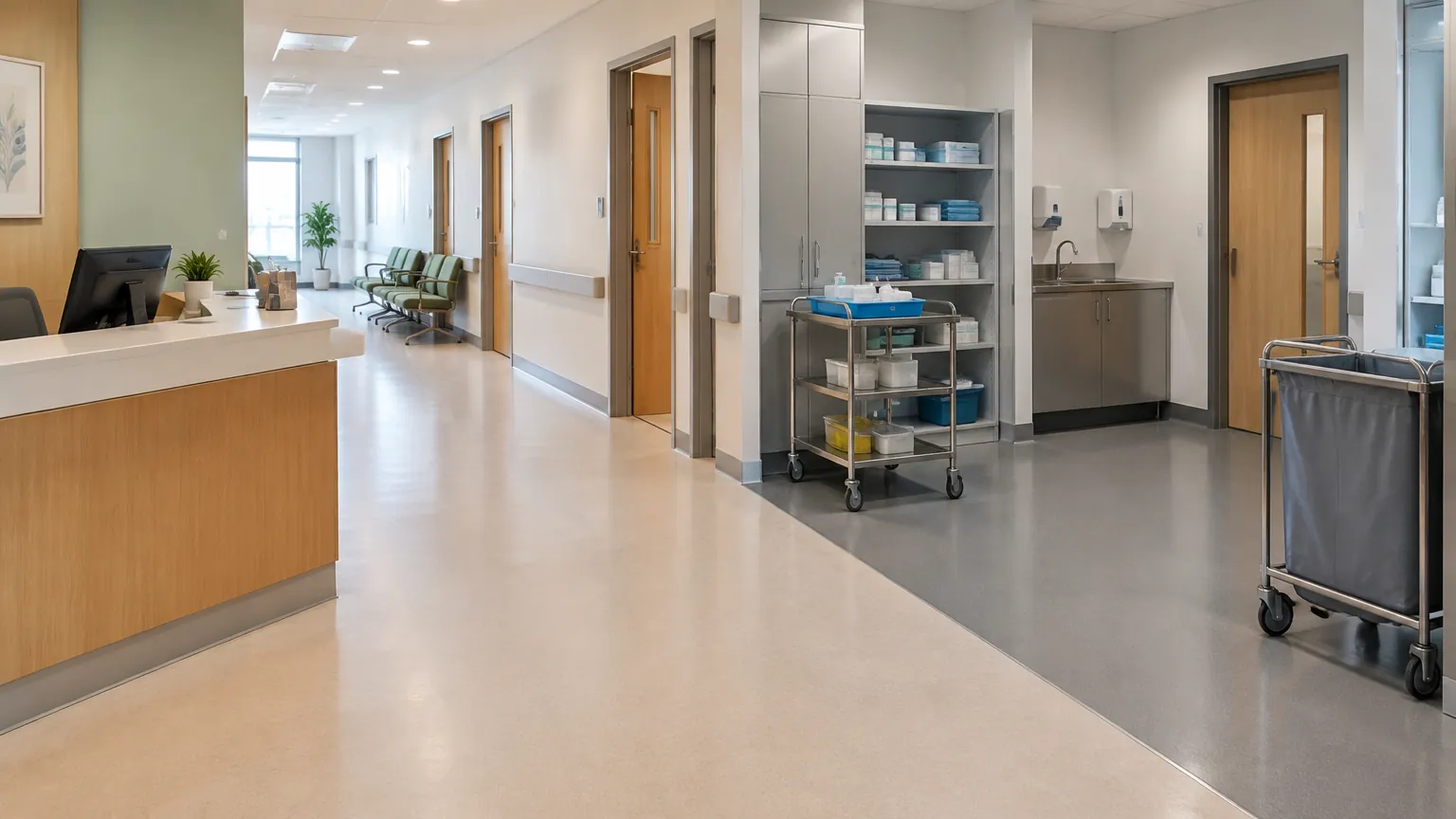 Koridor klinik wellness dengan area tunggu dan beberapa pintu layanan