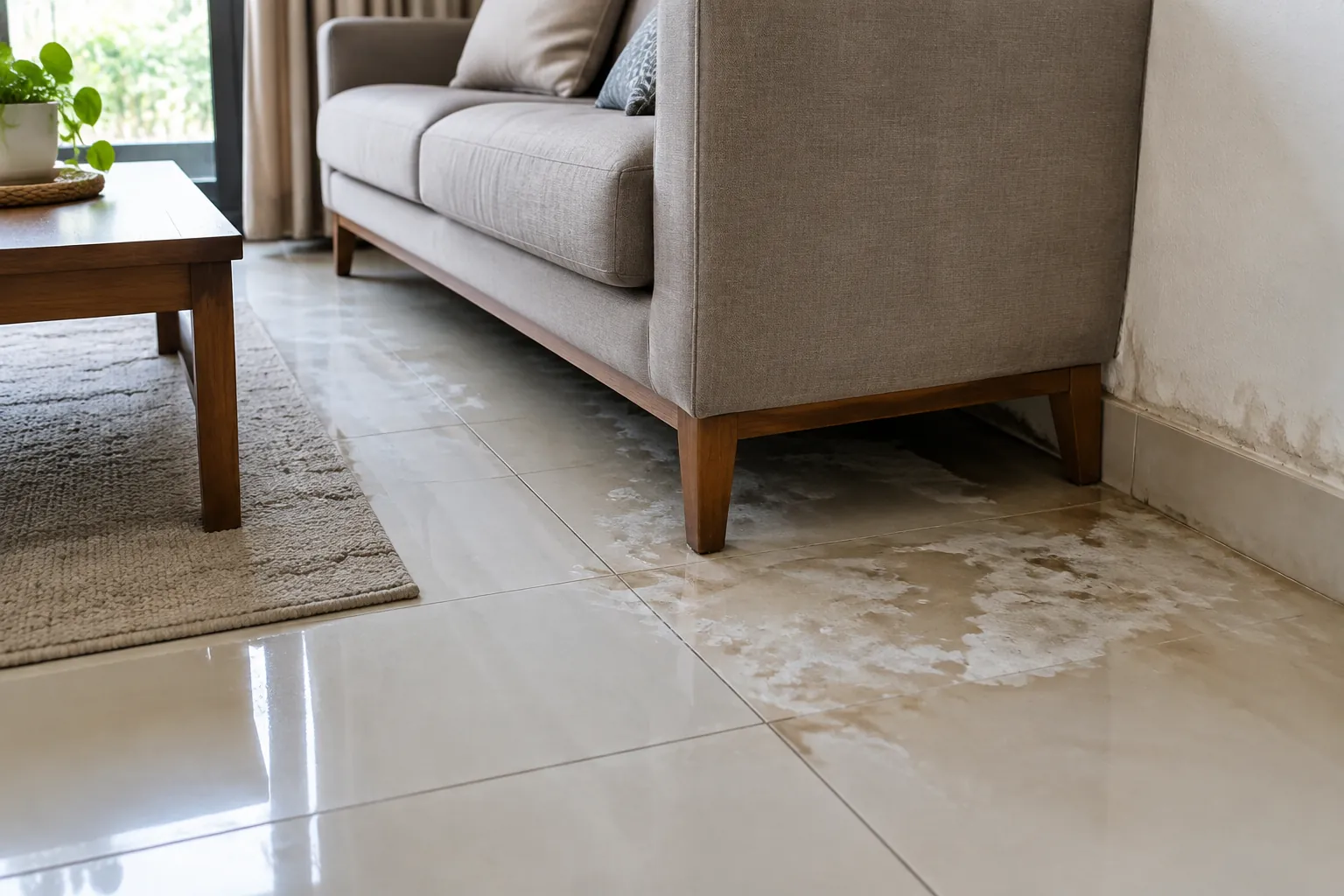 Permukaan lantai bernoda di dekat kaki sofa
