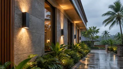 Deretan lampu dinding menerangi fasad rumah dan taman saat senja