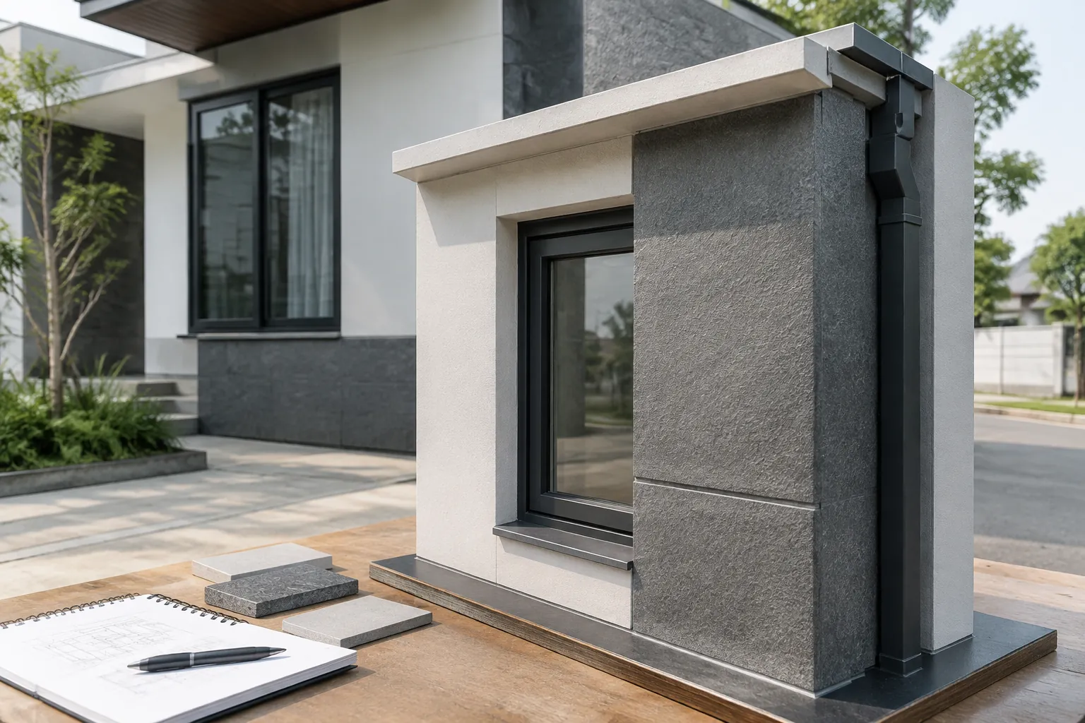 Model detail sambungan panel fasad di dekat jendela