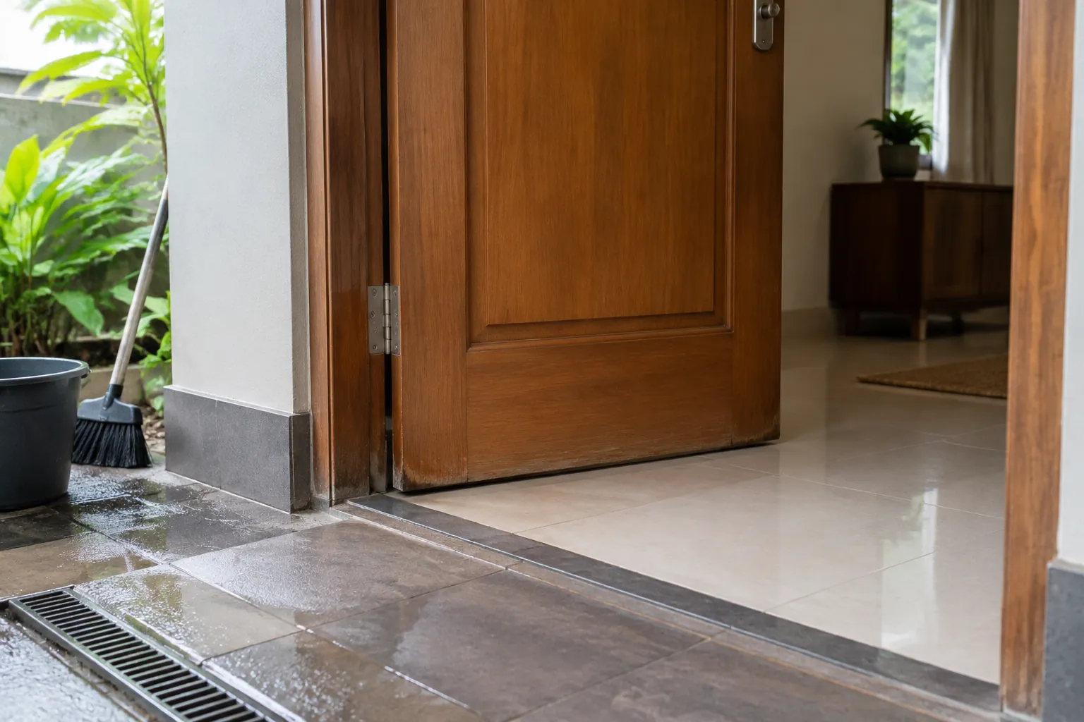 Bagian bawah pintu kayu dekat ambang luar yang basah