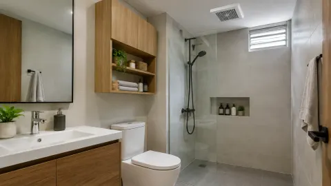 Kamar mandi dengan rak terbuka dan kabinet wastafel