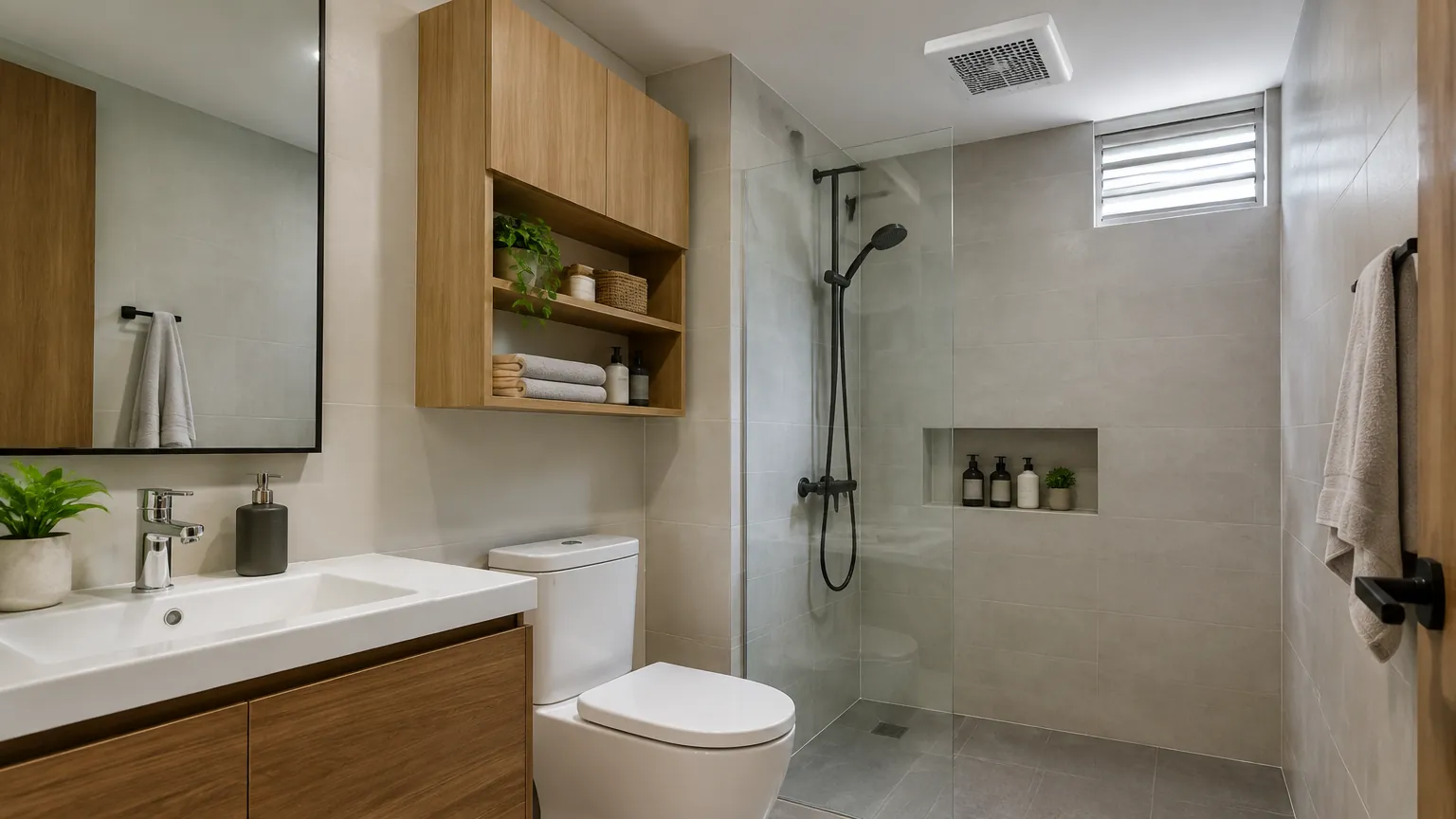 Kamar mandi dengan rak terbuka dan kabinet wastafel