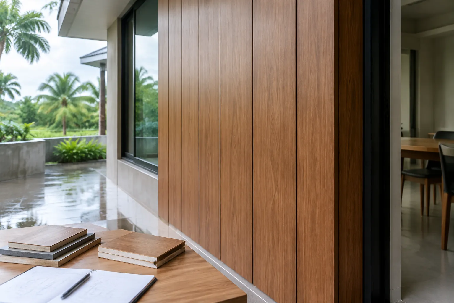 Panel pelapis bermotif kayu pada fasad rumah