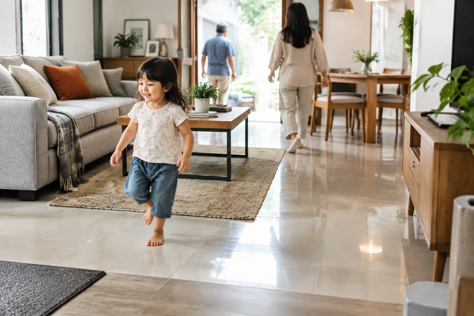 Anak berjalan melintasi lantai terbuka di antara sofa dan area makan